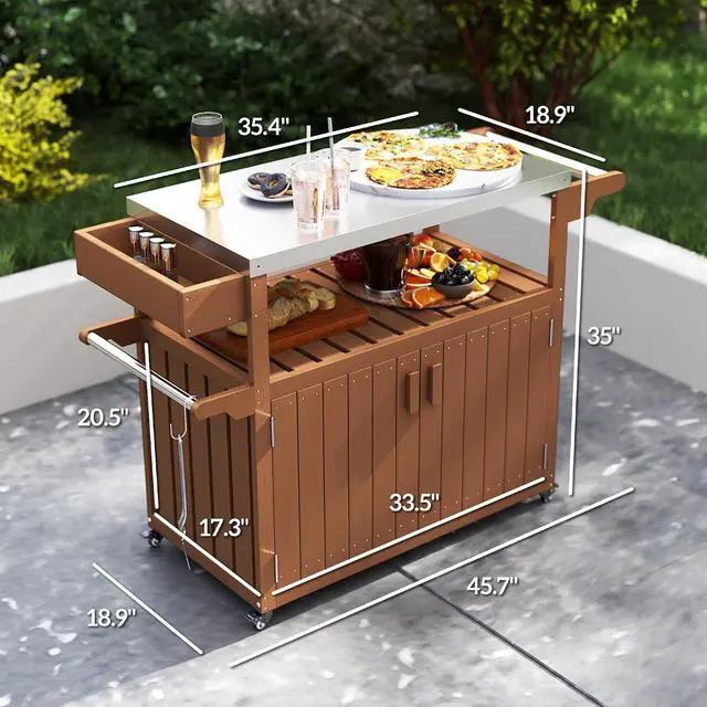 Alt view image 3 of 7 - Outdoor Bar Cart with Storage Cabinet Kitchen Island Brown