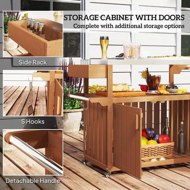 Alt view image 6 of 7 - Outdoor Bar Cart with Storage Cabinet Kitchen Island Brown