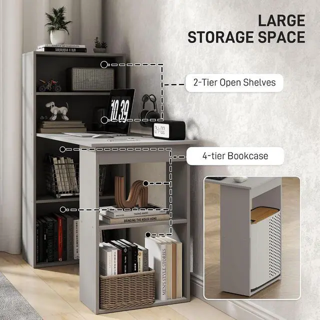 Alt view image 5 of 7 - Modern Home Office Desk with 6-Tier Storage Shelves, 47", Gray