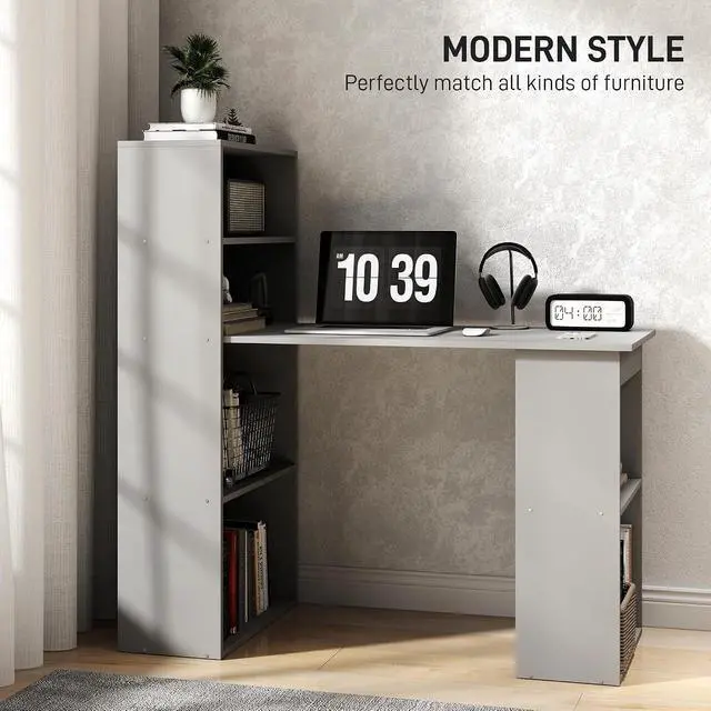 Alt view image 4 of 7 - Modern Home Office Desk with 6-Tier Storage Shelves, 47", Gray