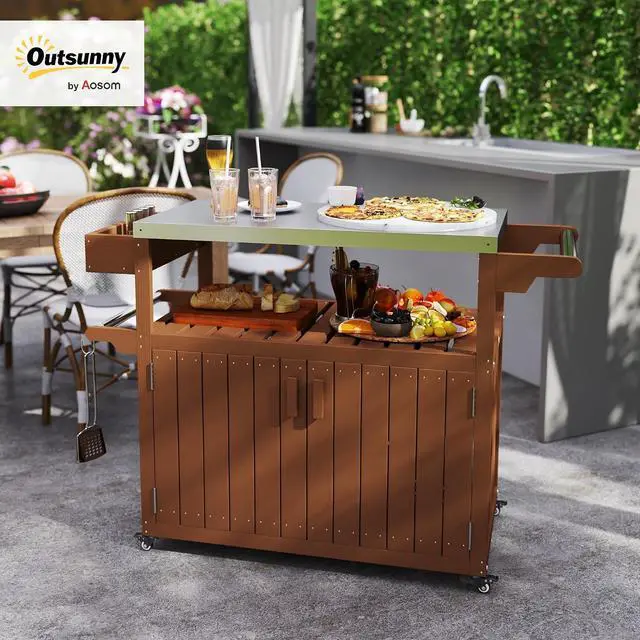 Alt view image 2 of 7 - Outdoor Bar Cart with Storage Cabinet Kitchen Island Brown