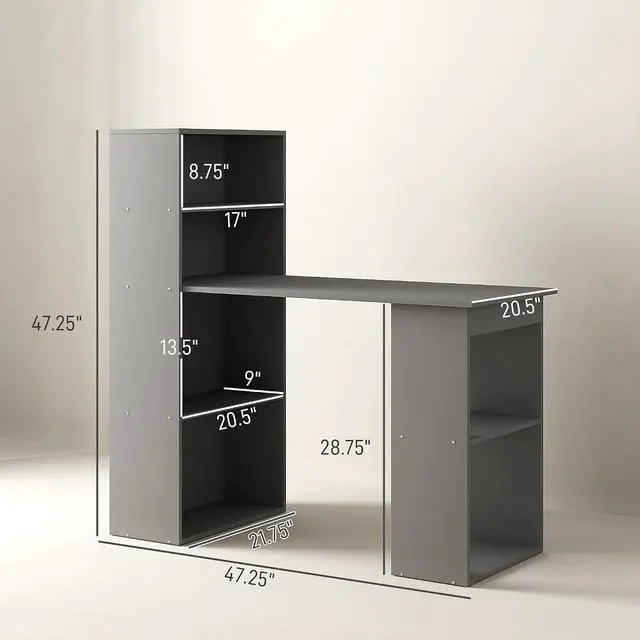 Alt view image 3 of 7 - Modern Home Office Desk with 6-Tier Storage Shelves, 47", Gray