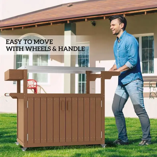 Alt view image 7 of 7 - Outdoor Bar Cart with Storage Cabinet Kitchen Island Brown