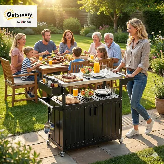 Alt view image 2 of 7 - Outdoor Bar Cart with Storage Cabinet Kitchen Island Black