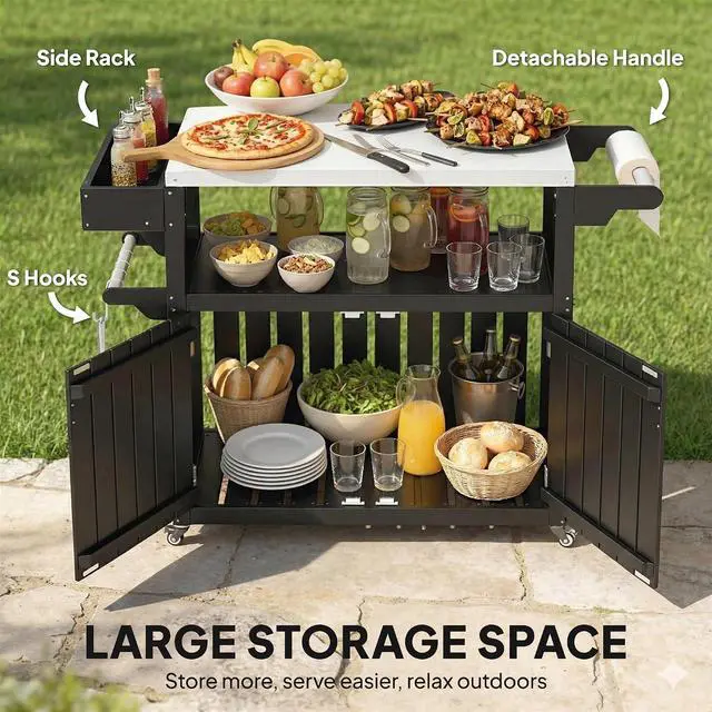 Alt view image 6 of 7 - Outdoor Bar Cart with Storage Cabinet Kitchen Island Black