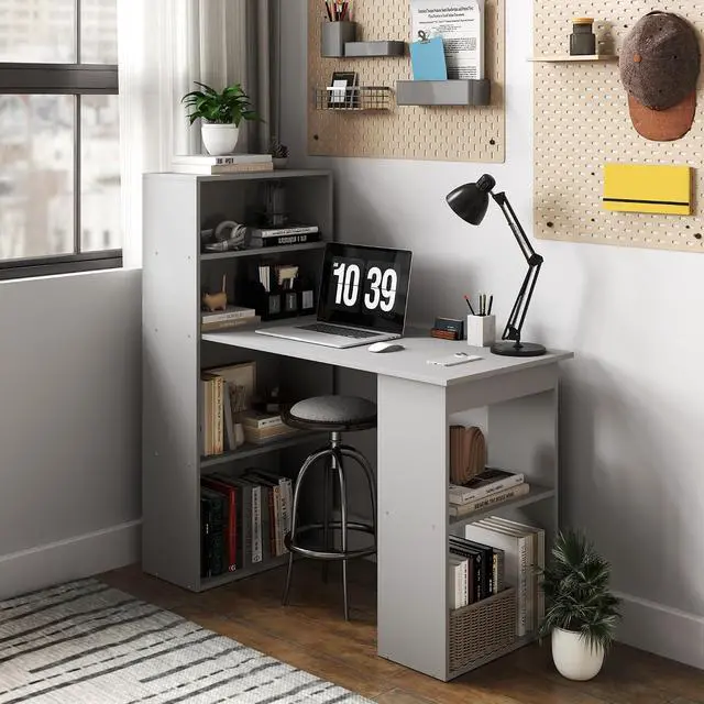 Alt view image 7 of 7 - Modern Home Office Desk with 6-Tier Storage Shelves, 47", Gray