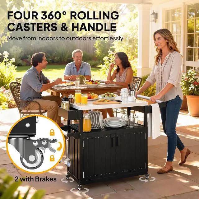 Alt view image 7 of 7 - Outdoor Bar Cart with Storage Cabinet Kitchen Island Black