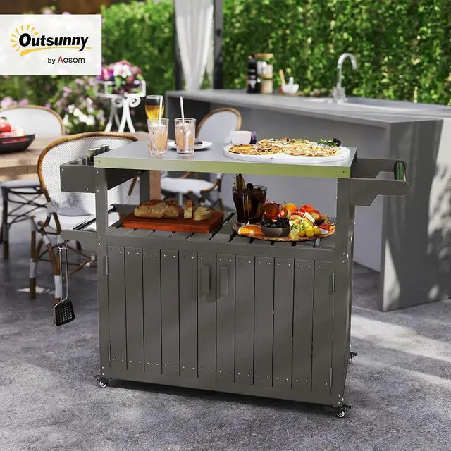 Alt view image 2 of 7 - Outdoor Bar Cart with Storage Cabinet Kitchen Island Dark Gray