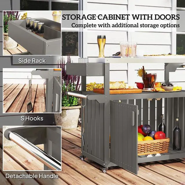 Alt view image 6 of 7 - Outdoor Bar Cart with Storage Cabinet Kitchen Island Dark Gray