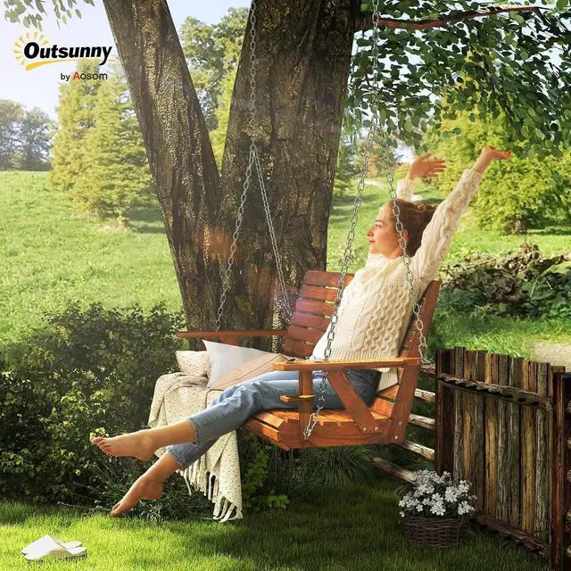 Alt view image 2 of 7 - Upgraded Wooden Porch Swing 3-Seater Cupholders 5 FT Carbonized