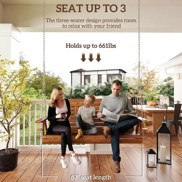 Alt view image 3 of 7 - Upgraded Wooden Porch Swing 3-Seater Cupholders 5 FT Carbonized