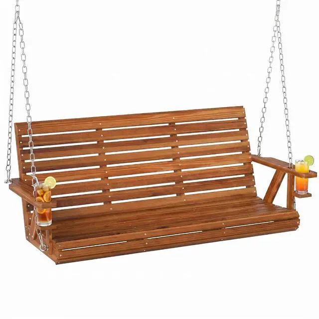 Main image of Upgraded Wooden Porch Swing 3-Seater Cupholders 5 FT Carbonized