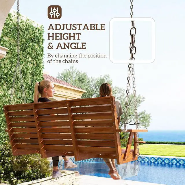 Alt view image 4 of 7 - Upgraded Wooden Porch Swing 3-Seater Cupholders 5 FT Carbonized