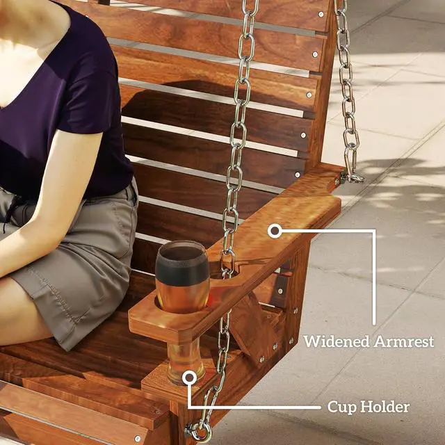 Alt view image 6 of 7 - Upgraded Wooden Porch Swing 3-Seater Cupholders 5 FT Carbonized