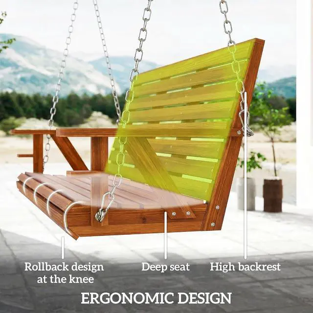 Alt view image 5 of 7 - Upgraded Wooden Porch Swing 3-Seater Cupholders 5 FT Carbonized