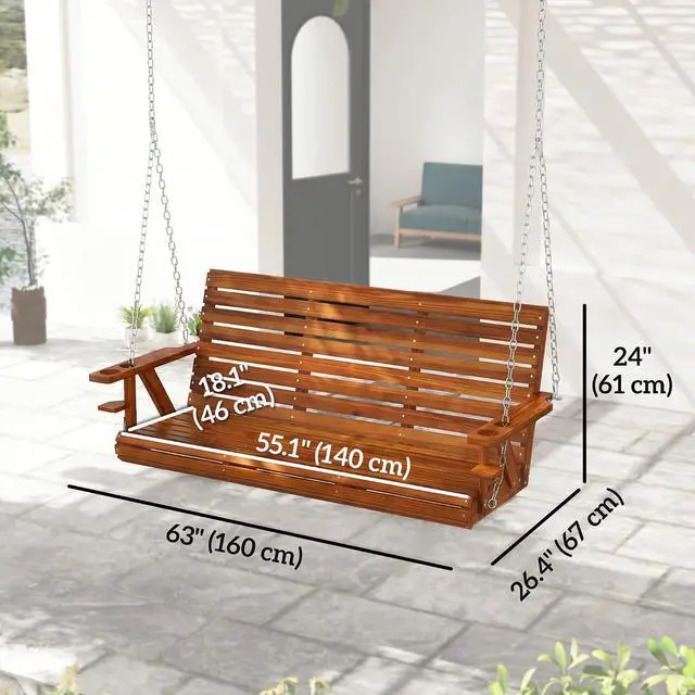 Alt view image 7 of 7 - Upgraded Wooden Porch Swing 3-Seater Cupholders 5 FT Carbonized