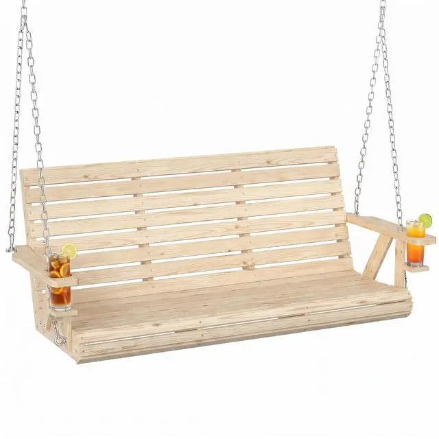 Main image of Upgraded Wooden Porch Swing 3-Seater Cupholders 5 FT Nature Wood