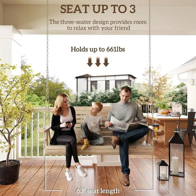 Alt view image 3 of 7 - Upgraded Wooden Porch Swing 3-Seater Cupholders 5 FT Nature Wood