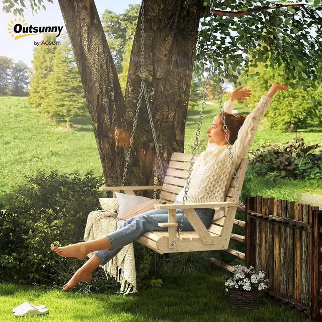 Alt view image 2 of 7 - Upgraded Wooden Porch Swing 3-Seater Cupholders 5 FT Nature Wood