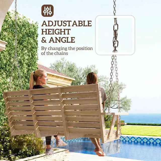 Alt view image 4 of 7 - Upgraded Wooden Porch Swing 3-Seater Cupholders 5 FT Nature Wood