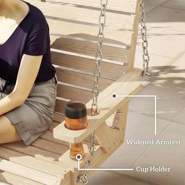 Alt view image 6 of 7 - Upgraded Wooden Porch Swing 3-Seater Cupholders 5 FT Nature Wood