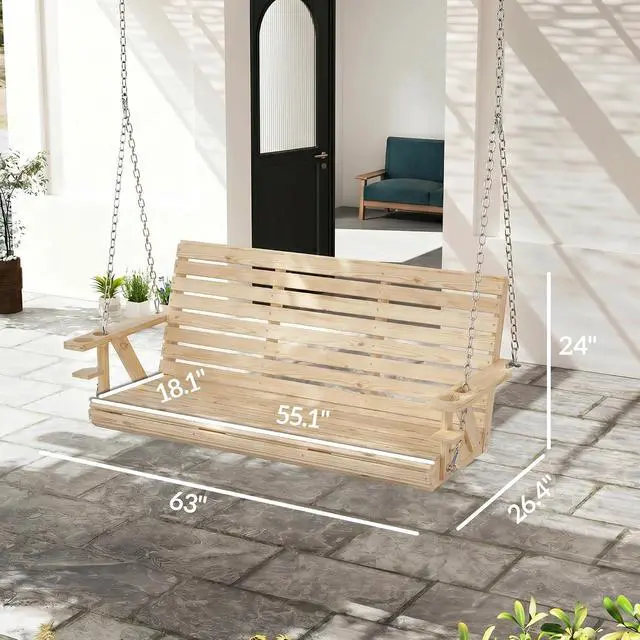 Alt view image 7 of 7 - Upgraded Wooden Porch Swing 3-Seater Cupholders 5 FT Nature Wood
