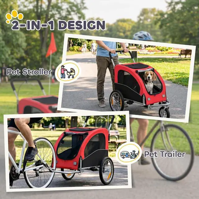 Alt view image 3 of 7 - Dog Bike Trailer 2-in-1 Pet Stroller, Red