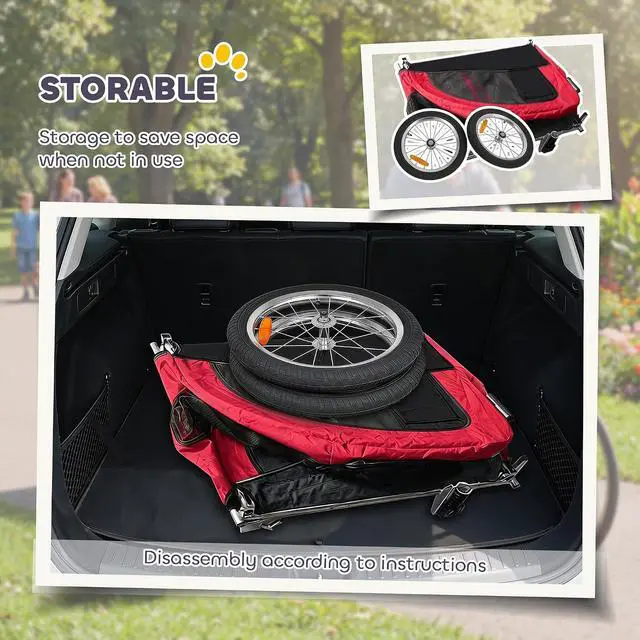 Alt view image 5 of 7 - Dog Bike Trailer 2-in-1 Pet Stroller, Red