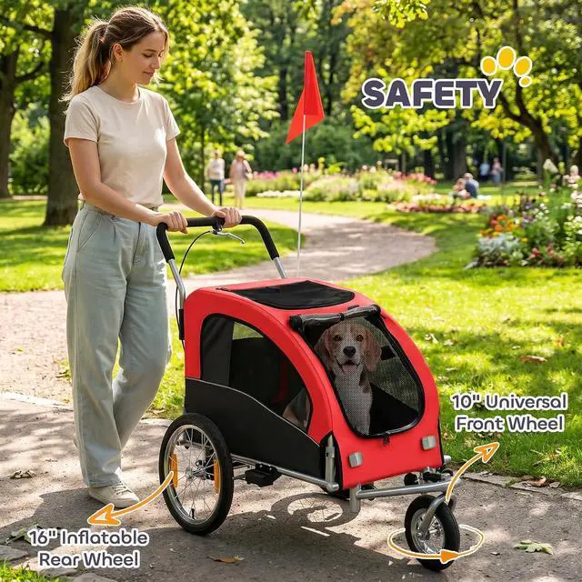 Alt view image 7 of 7 - Dog Bike Trailer 2-in-1 Pet Stroller, Red