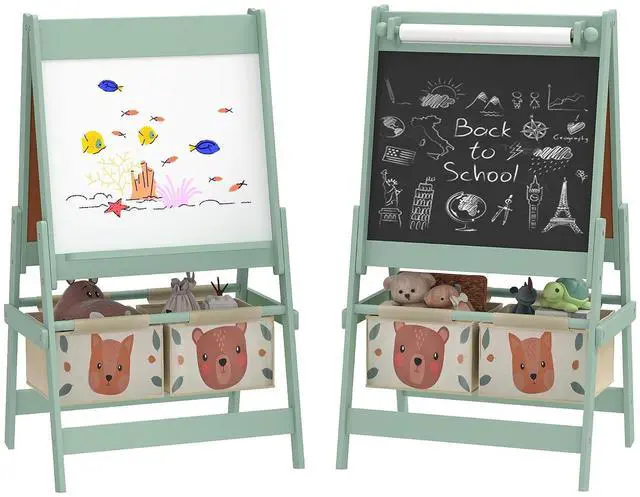 Main image of Qaba Art Easel for Kids with Paper Roll 3 in 1 Green Fox and Bear