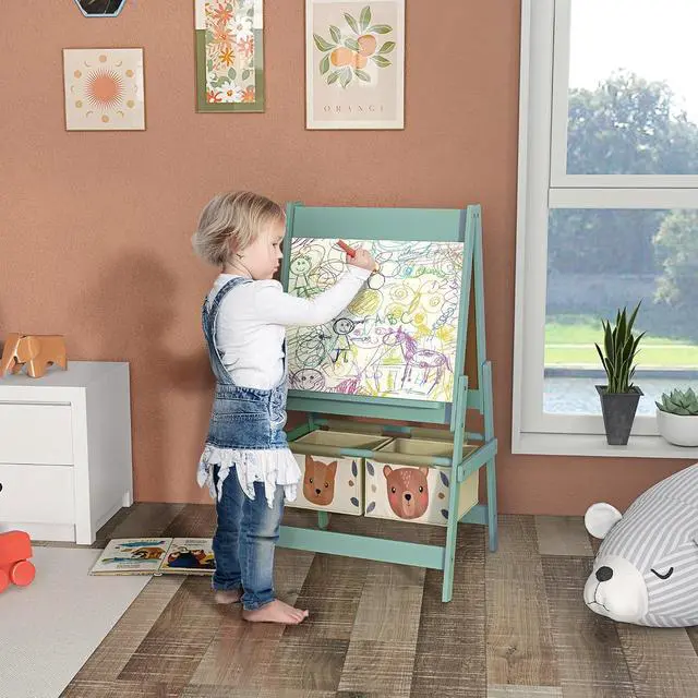 Alt view image 2 of 7 - Qaba Art Easel for Kids with Paper Roll 3 in 1 Green Fox and Bear