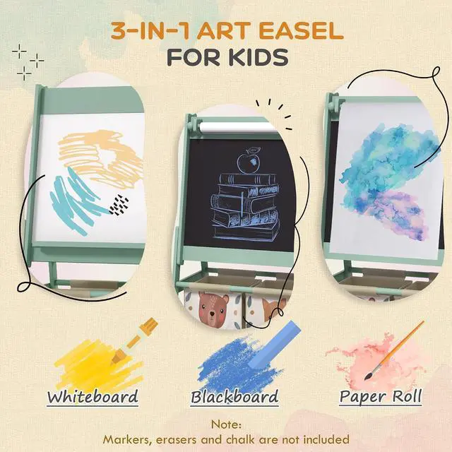 Alt view image 3 of 7 - Qaba Art Easel for Kids with Paper Roll 3 in 1 Green Fox and Bear