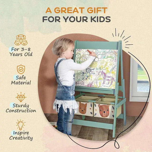 Alt view image 5 of 7 - Qaba Art Easel for Kids with Paper Roll 3 in 1 Green Fox and Bear