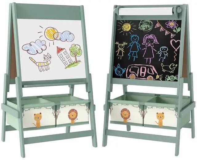 Main image of Qaba Art Easel for Kids with Paper Roll 3 in 1 Green Lion and Tiger