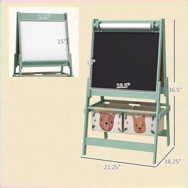 Alt view image 7 of 7 - Qaba Art Easel for Kids with Paper Roll 3 in 1 Green Fox and Bear