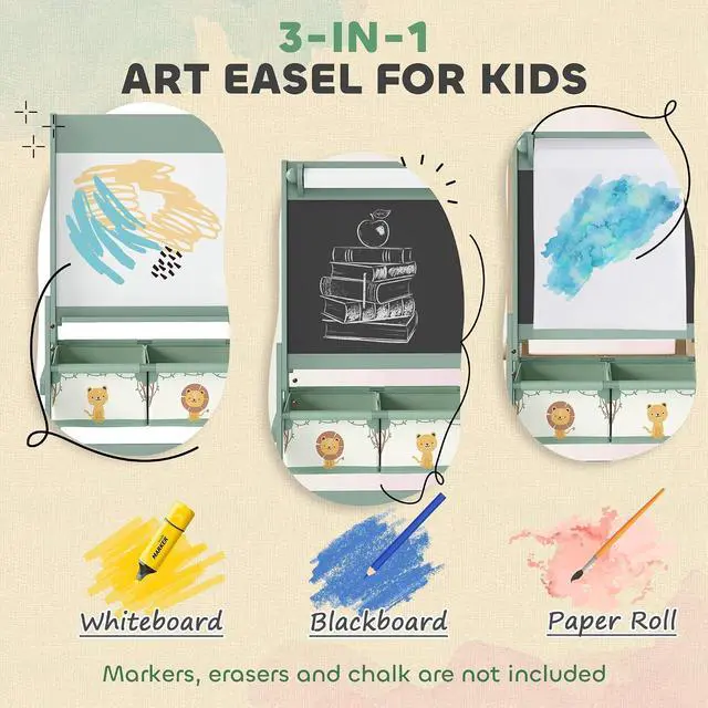 Alt view image 3 of 7 - Qaba Art Easel for Kids with Paper Roll 3 in 1 Green Lion and Tiger