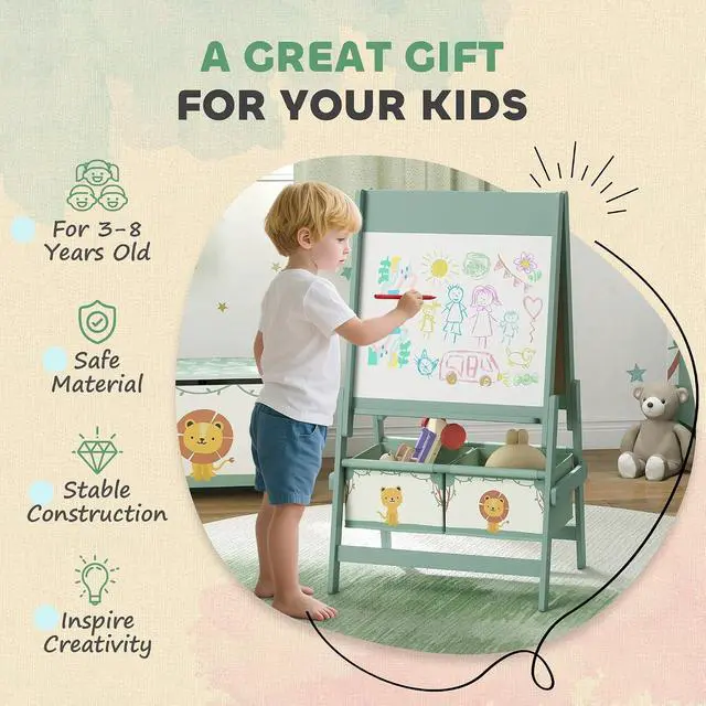 Alt view image 5 of 7 - Qaba Art Easel for Kids with Paper Roll 3 in 1 Green Lion and Tiger
