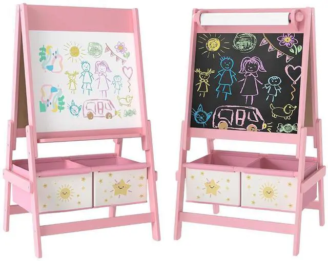 Main image of Qaba Art Easel for Kids with Paper Roll 3 in 1 Pink Star and Sun