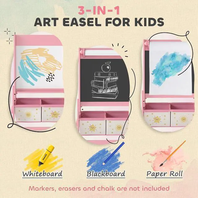 Alt view image 3 of 7 - Qaba Art Easel for Kids with Paper Roll 3 in 1 Pink Star and Sun