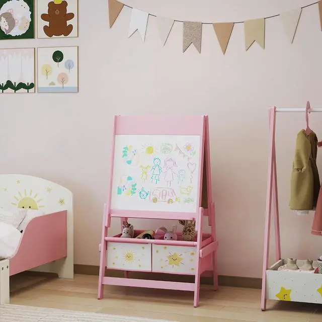 Alt view image 6 of 7 - Qaba Art Easel for Kids with Paper Roll 3 in 1 Pink Star and Sun