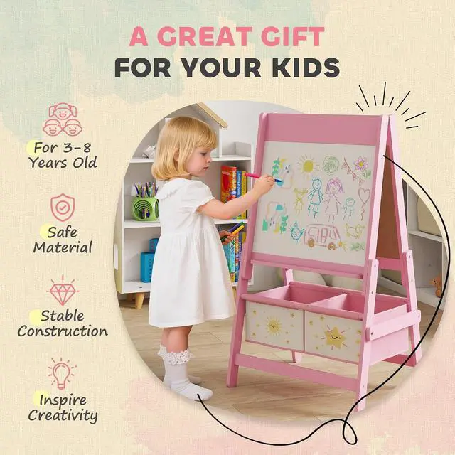 Alt view image 5 of 7 - Qaba Art Easel for Kids with Paper Roll 3 in 1 Pink Star and Sun