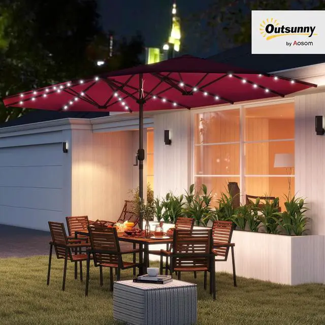 Alt view image 2 of 7 - 14.8ft Double Umbrella with LED Solar Light for Garden Wine Red