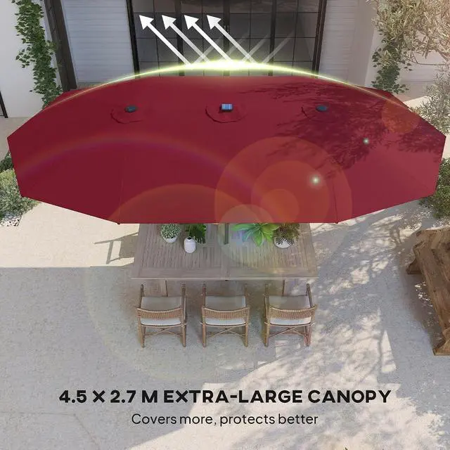 Alt view image 4 of 7 - 14.8ft Double Umbrella with LED Solar Light for Garden Wine Red