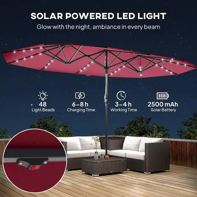 Alt view image 3 of 7 - 14.8ft Double Umbrella with LED Solar Light for Garden Wine Red