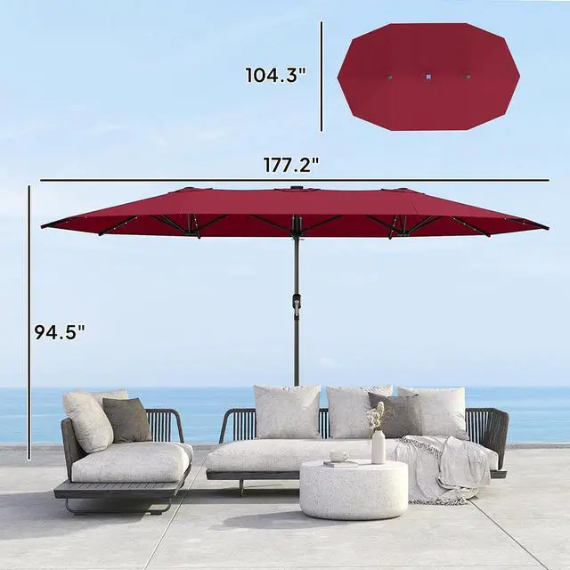 Alt view image 7 of 7 - 14.8ft Double Umbrella with LED Solar Light for Garden Wine Red