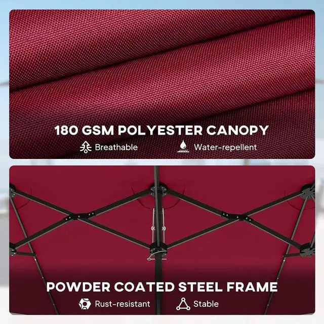 Alt view image 6 of 7 - 14.8ft Double Umbrella with LED Solar Light for Garden Wine Red
