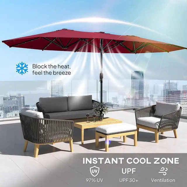 Alt view image 5 of 7 - 14.8ft Double Umbrella with LED Solar Light for Garden Wine Red