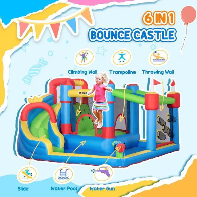 Alt view image 3 of 7 - 6-in-1 Inflatable Water Slide with Splash Pool, Climbing Wall