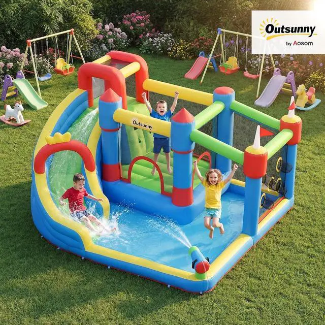 Alt view image 2 of 7 - 6-in-1 Inflatable Water Slide with Splash Pool, Climbing Wall