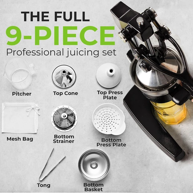 Alt view image 3 of 7 - Pulperizer 9 in 1 Cast Iron Juicer - Easy-to-Clean Heavy-Duty Manual Juicer with Presser Attachment to Juice All Types of Fruits! Extra Tall with Stainless Steel Bowl - Black